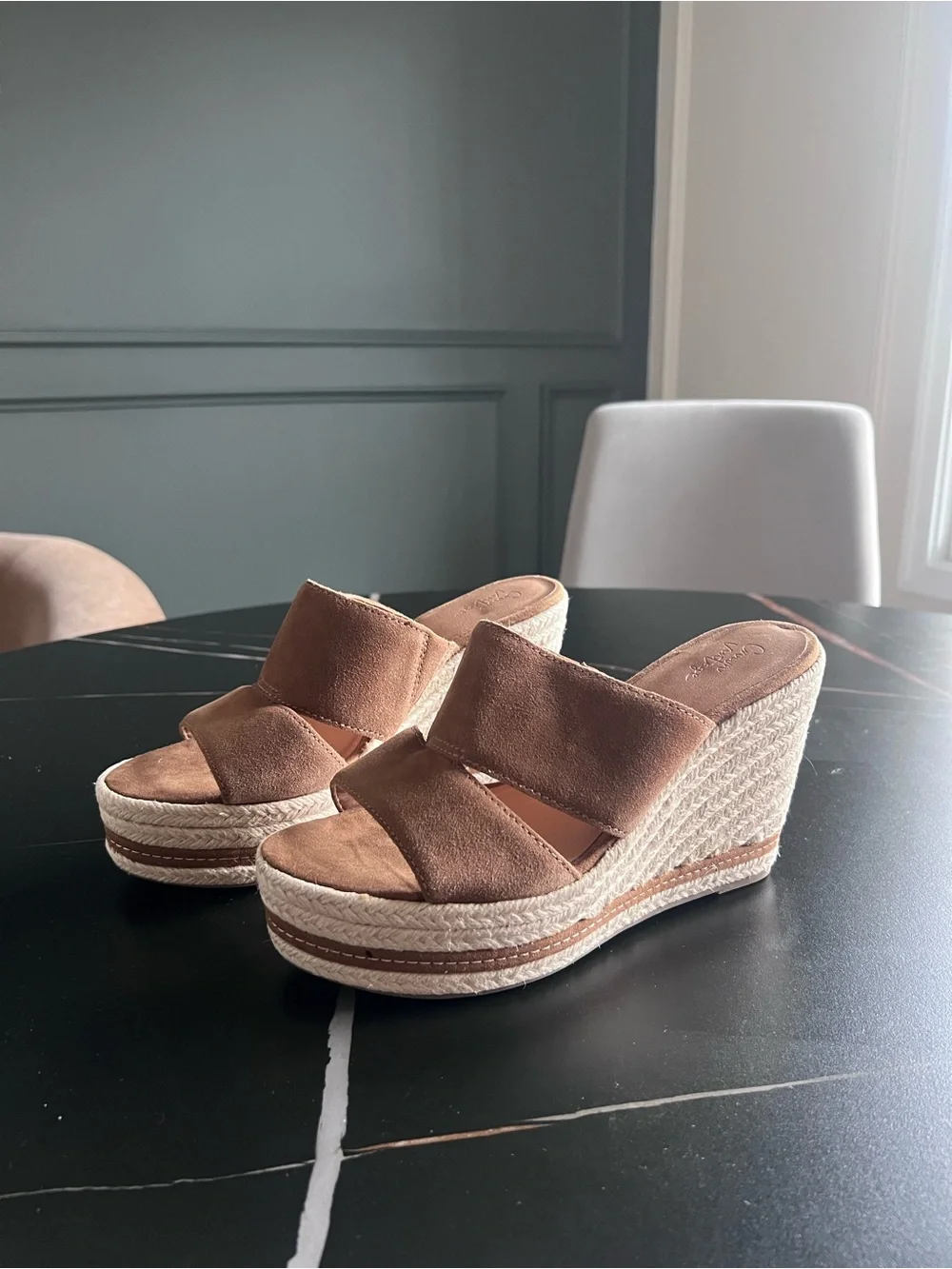 Crown Vintage Brown Suede Espadrille Wedge Slide Sandals